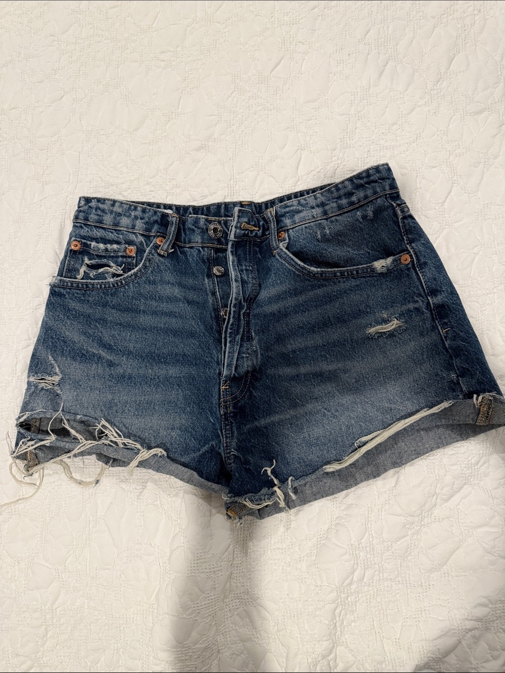 Zara Dark Blue Distressed High-Rise Jean Shorts